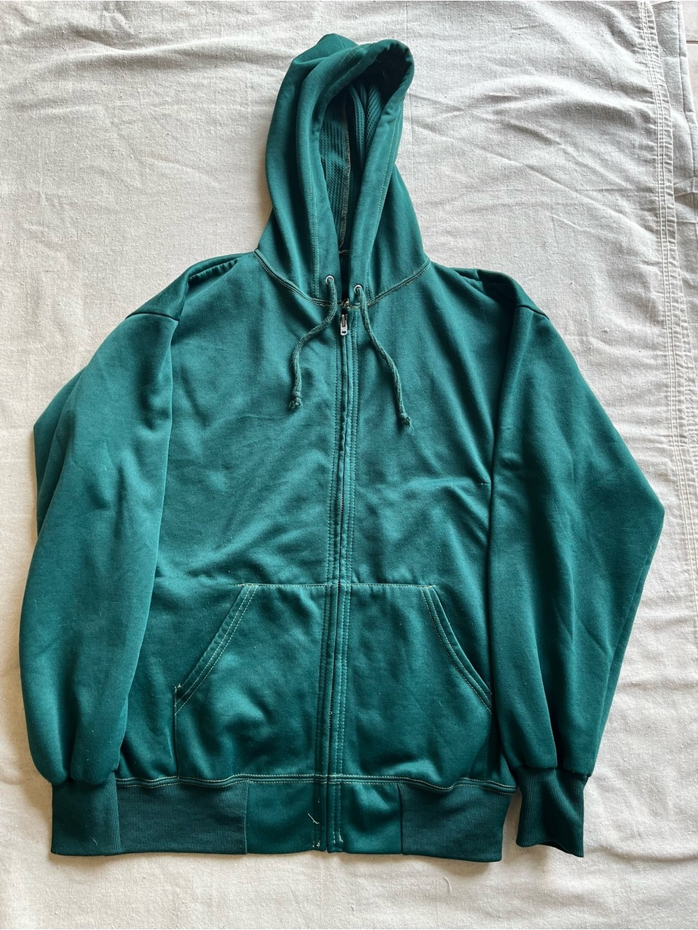 Vintage 1980s Thermal-Lined Zip-Up Hoodie – Forest Green – Size Large (42–44)